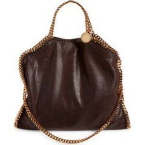 STELLA MCCARTNEY FALABELLA BROWN FAUX SUEDE GOLD FOLD OVER CHAIN TOTE HAND BAG